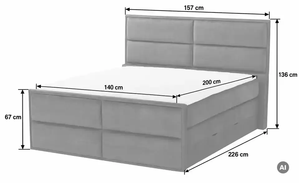 Boxspringbett Crocco mit Bettkasten, Bemaßung