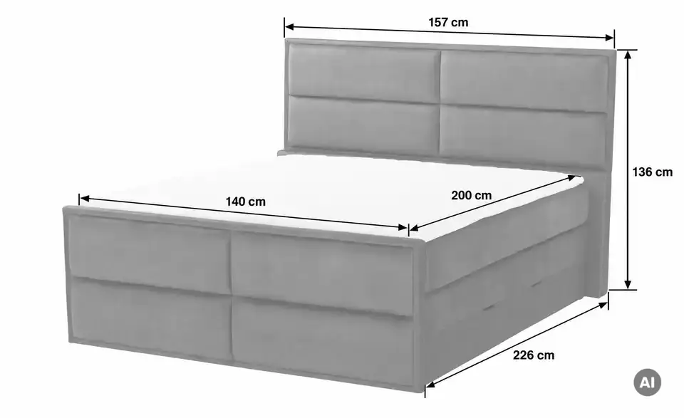 Boxspringbett Crocco mit Bettkasten, Bemaßung