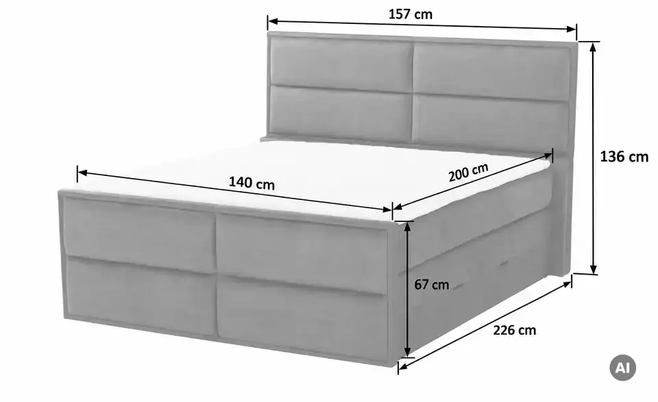 Boxspringbett Crocco mit Bettkasten, Bemaßung