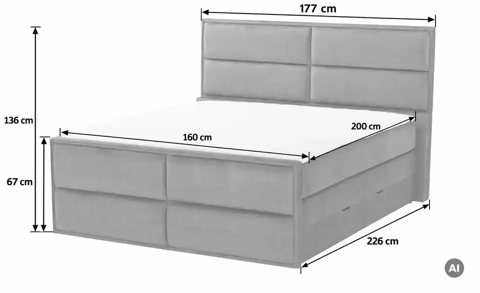 Boxspringbett Crocco mit Bettkasten, Bemaßung