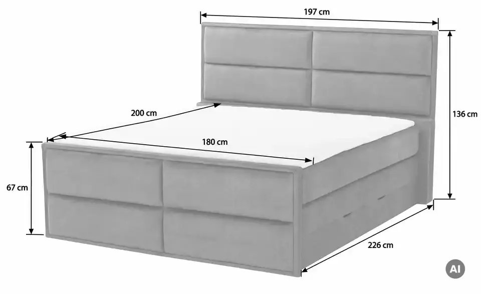 Boxspringbett Crocco mit Bettkasten, Bemaßung