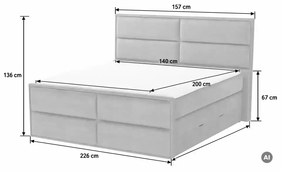 Boxspringbett Crocco mit Bettkasten, Bemaßung
