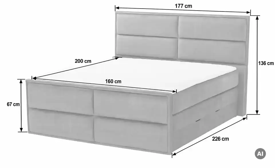 Boxspringbett Crocco mit Bettkasten, Bemaßung