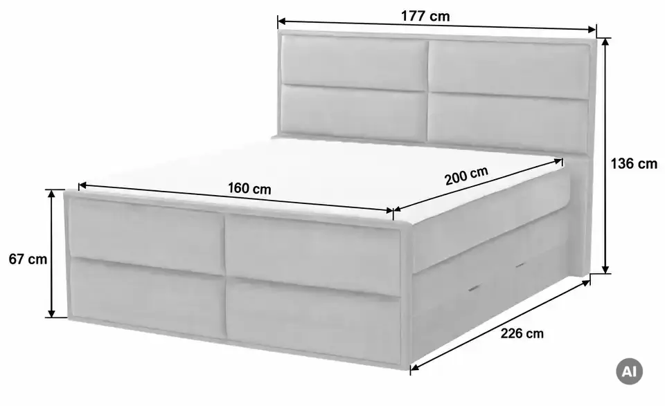 Boxspringbett Crocco mit Bettkasten, Bemaßung