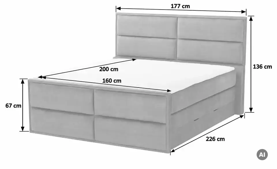 Boxspringbett Crocco mit Bettkasten, Bemaßung