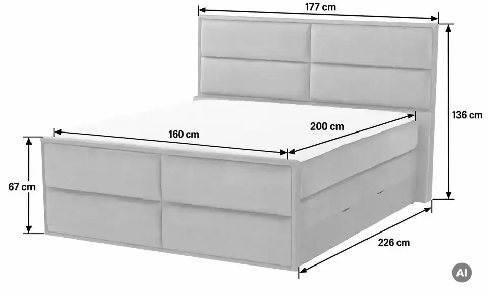 Boxspringbett Crocco mit Bettkasten, Bemaßung