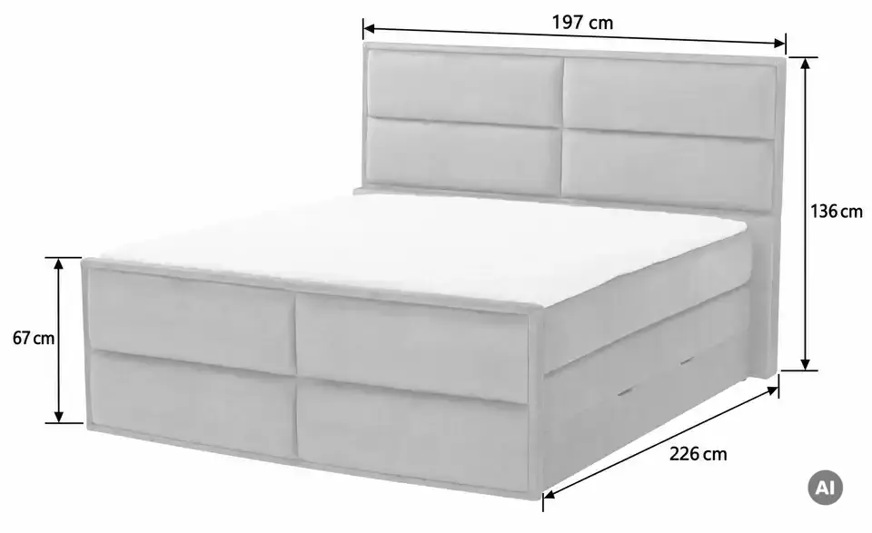 Boxspringbett Crocco mit Bettkasten, Bemaßung
