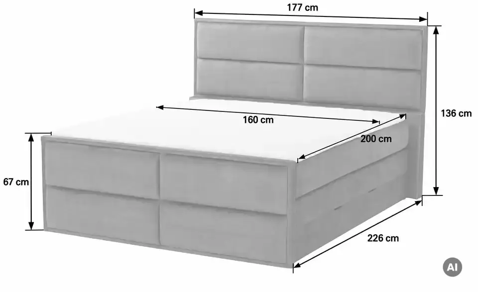Boxspringbett Crocco mit Bettkasten, Bemaßung