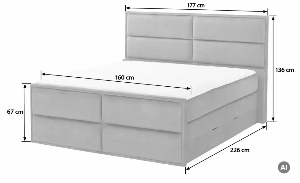 Boxspringbett Crocco mit Bettkasten, Bemaßung
