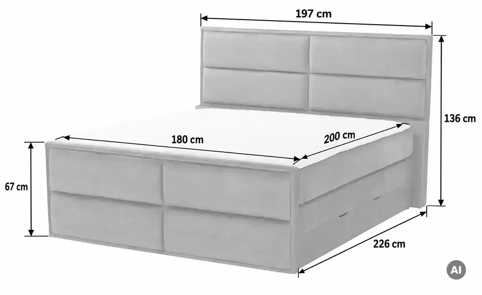 Boxspringbett Crocco mit Bettkasten, Bemaßung