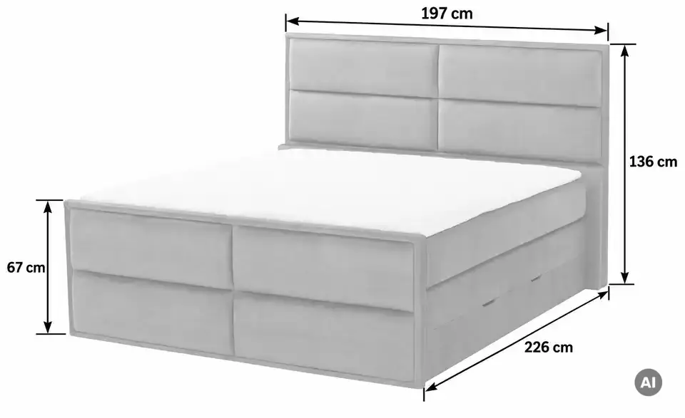 Boxspringbett Crocco mit Bettkasten, Bemaßung
