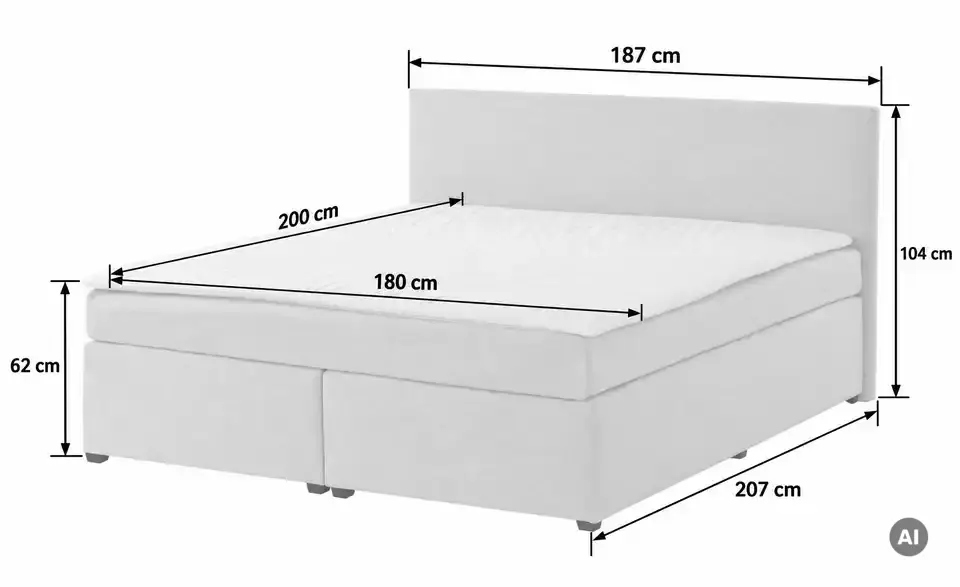 Boxspringbett Duke mit Matratze und Topper, H3, Bemaßung