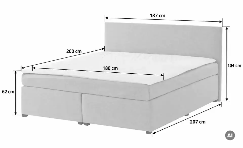 Boxspringbett Duke mit Matratze und Topper, H3, Bemaßung