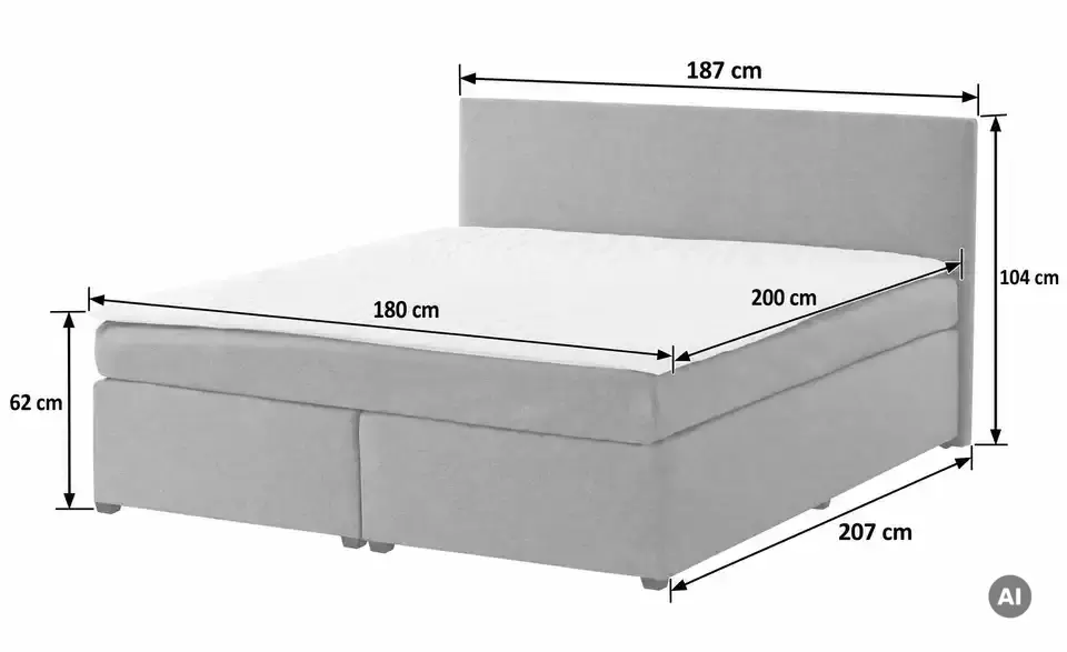 Boxspringbett Duke mit Matratze und Topper, H3, Bemaßung
