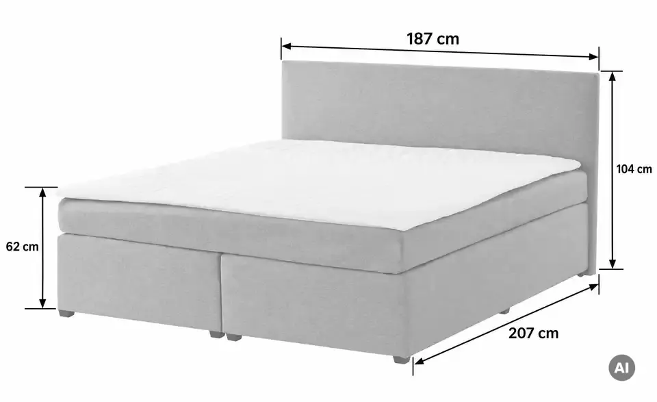 Boxspringbett Duke mit Matratze und Topper, H3, Bemaßung