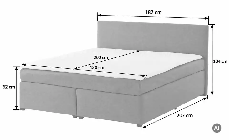 Boxspringbett Duke mit Matratze und Topper, H3, Bemaßung