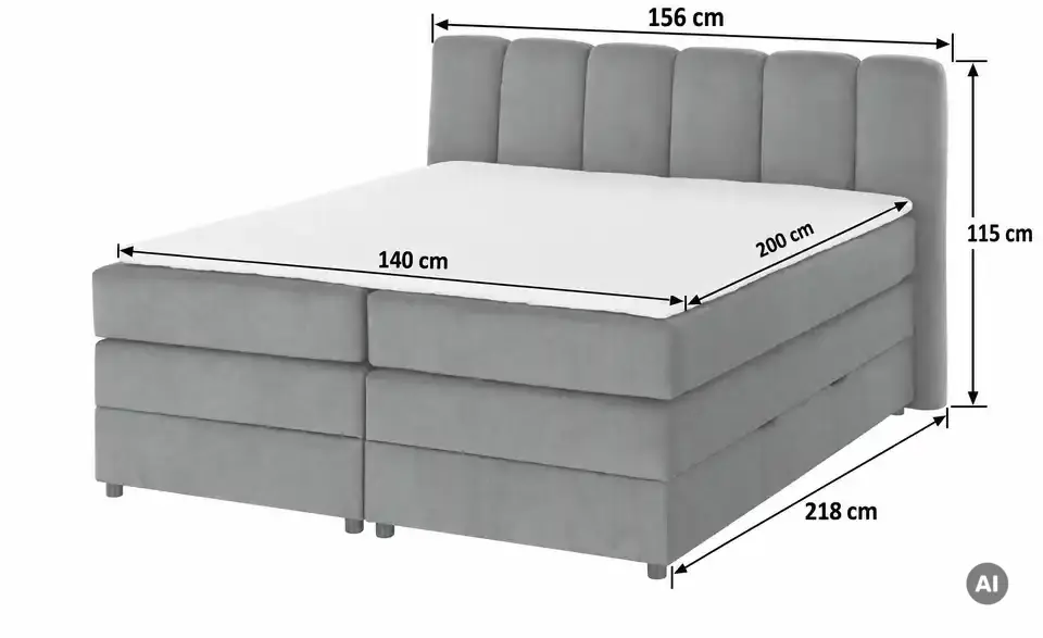 Boxspringbett Claire mit Bettkasten, Bemaßung