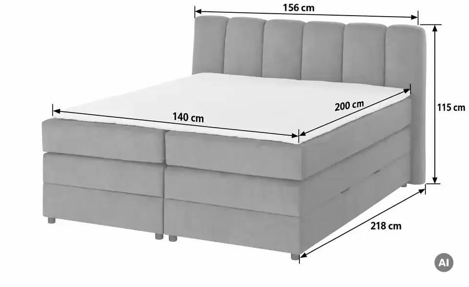 Boxspringbett Claire mit Bettkasten, Bemaßung