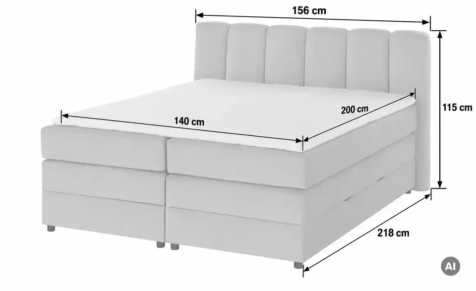 Boxspringbett Claire mit Bettkasten, Bemaßung