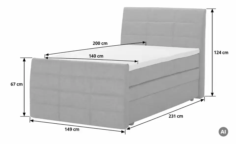 Boxspringbett Baron mit Bettkasten und Topper, Bemaßung