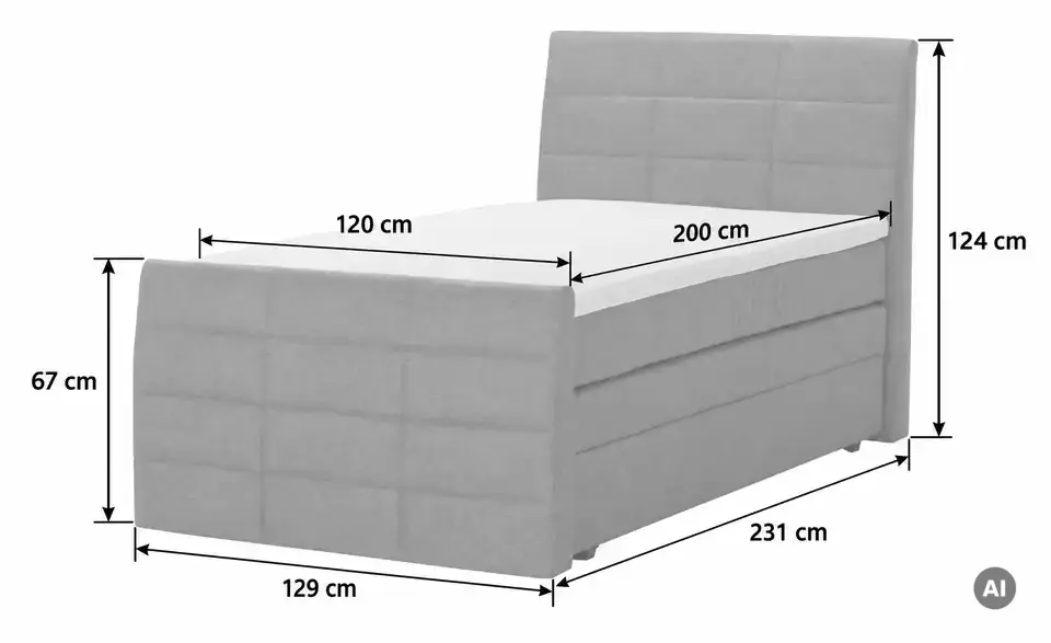 Boxspringbett Baron mit Bettkasten und Topper, Bemaßung