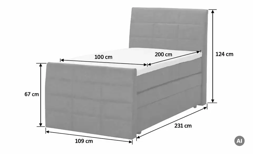Boxspringbett Baron mit Bettkasten und Topper, Bemaßung