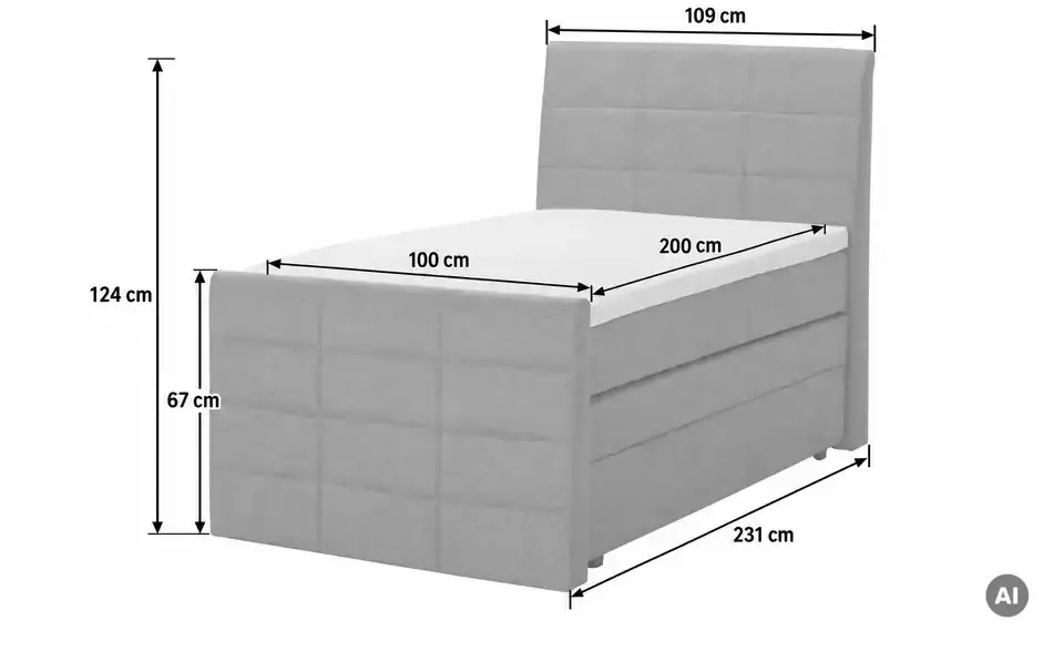 Boxspringbett Baron mit Bettkasten und Topper, Bemaßung