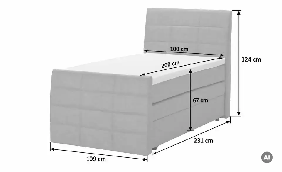 Boxspringbett Baron mit Bettkasten und Topper, Bemaßung