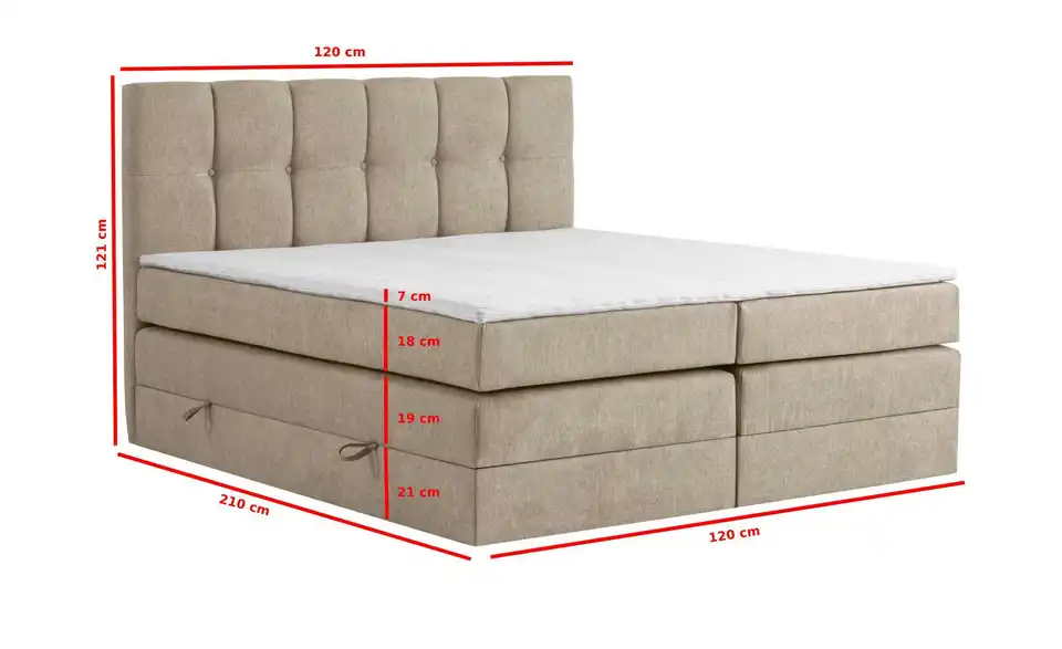 Boxspringbett Leeds mit Bettkasten, Bemaßung