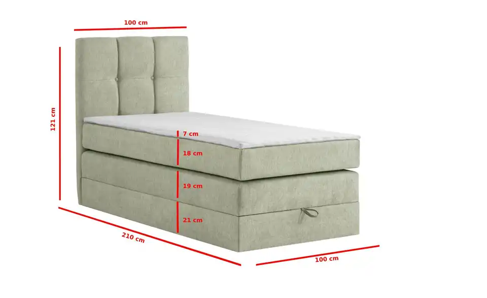 Boxspringbett Leeds mit Bettkasten, Bemaßung