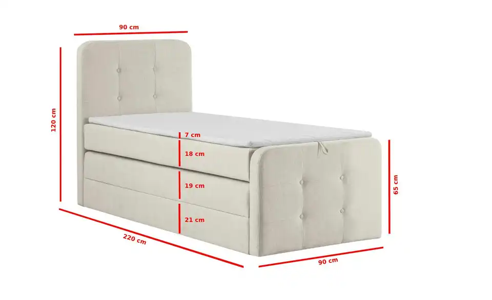 Boxspringbett Neapel mit Bettkasten, Bemaßung