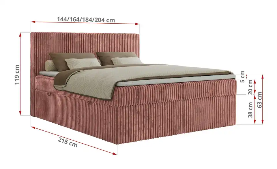 Boxbett Tiliano mit Bettkasten, Bemaßung