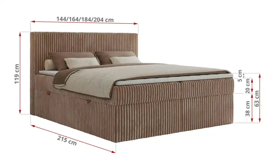 Boxbett Tiliano mit Bettkasten, Bemaßung