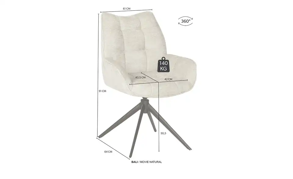 uno Armlehnstuhl Bali, Bemaßung