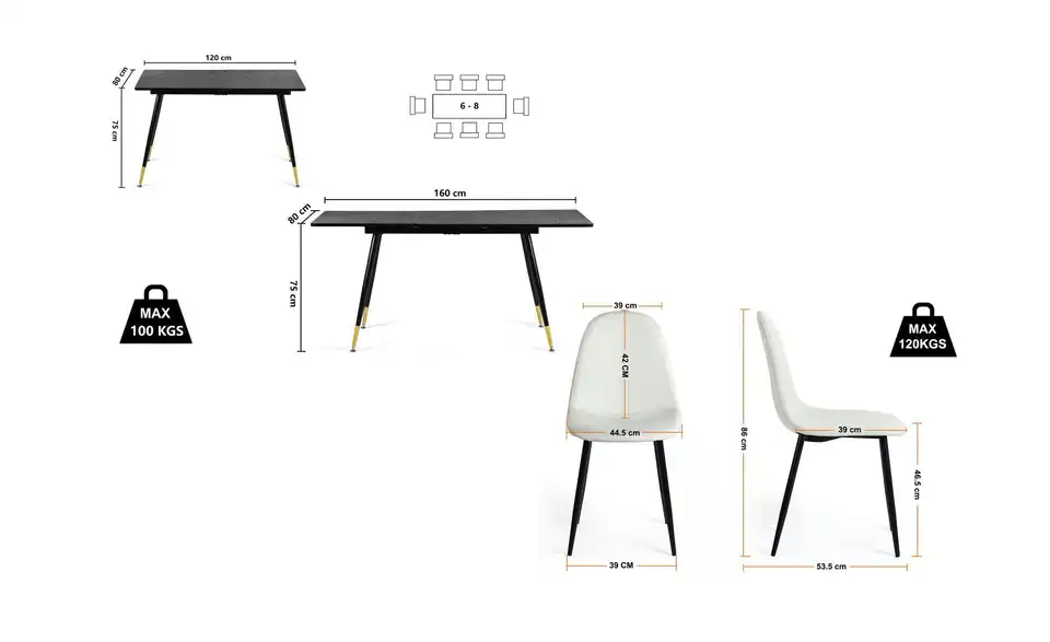 Esstischset, Bemaßung