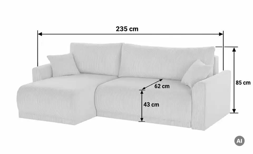 Ecksofa Malyn mit Schlaffunktion, Bemaßung