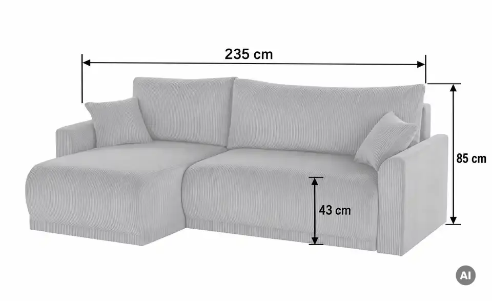 Ecksofa Malyn mit Schlaffunktion, Bemaßung