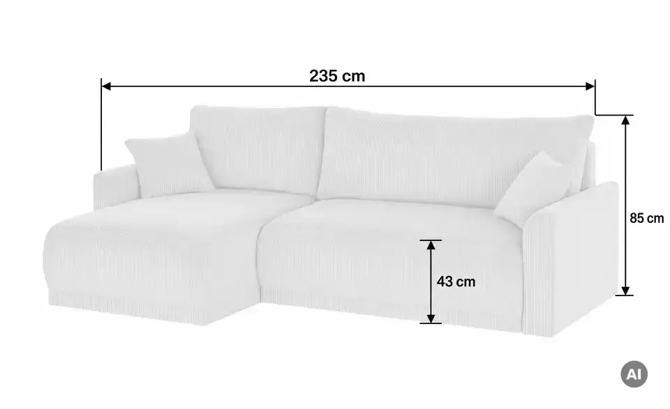 Ecksofa Malyn mit Schlaffunktion, Bemaßung