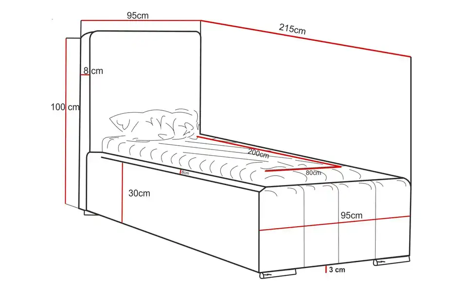 Polsterbett Aberfeldy mit Stauraum, Bemaßung