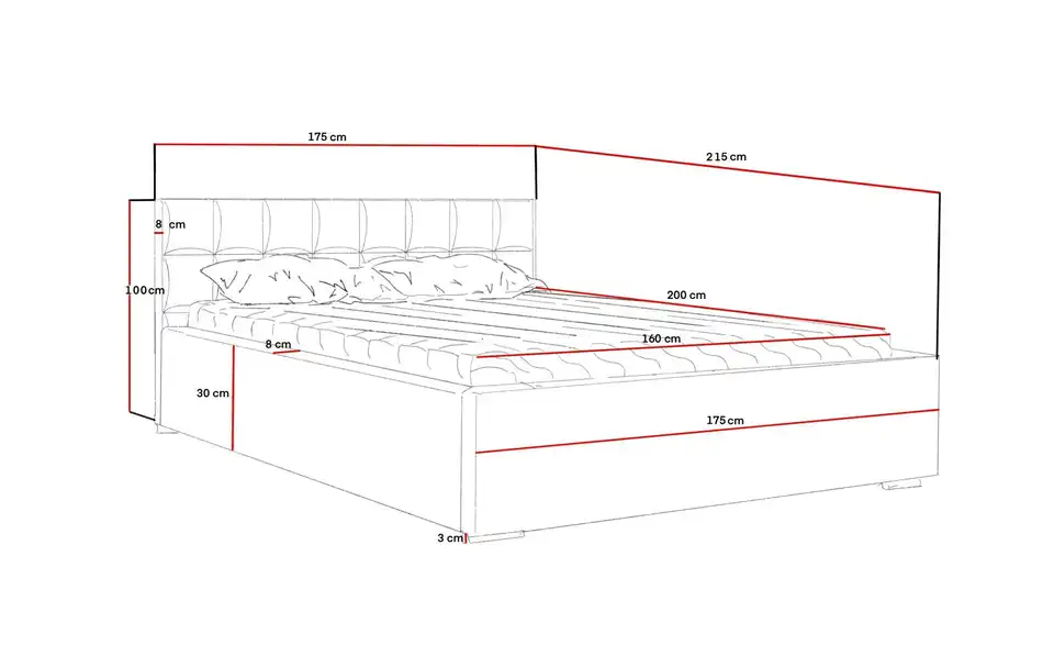 Polsterbett Draven mit Stauraum, Bemaßung