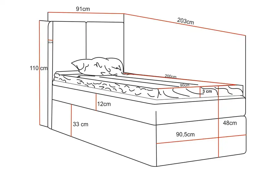 Boxbett mit Stauraum Macclesfield, Bemaßung