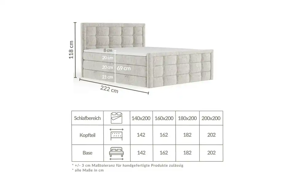 Boxspringbett mit Stauraum Ambrosia, Bemaßung