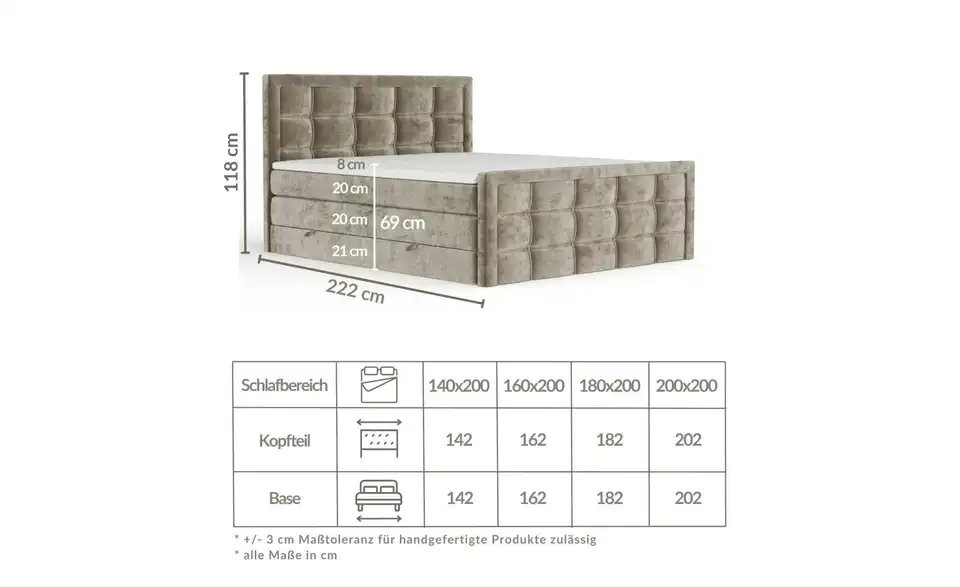 Boxspringbett mit Stauraum Ambrosia, Bemaßung