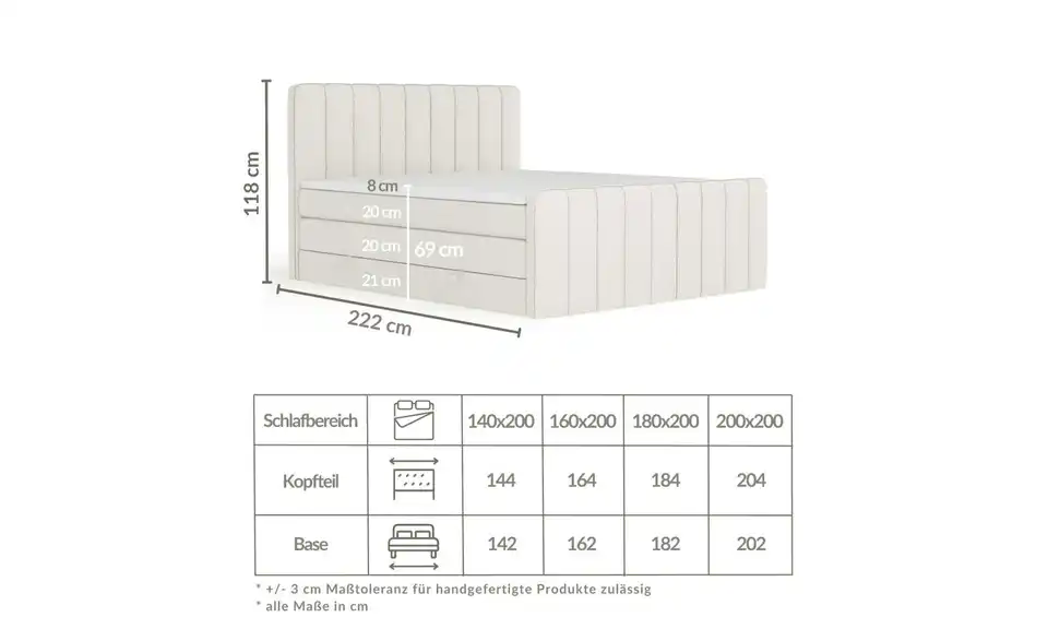Boxspringbett mit Stauraum Novara, Bemaßung