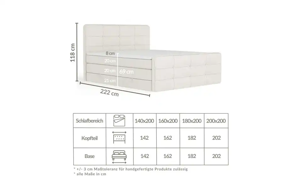 Boxspringbett mit Stauraum, Bemaßung