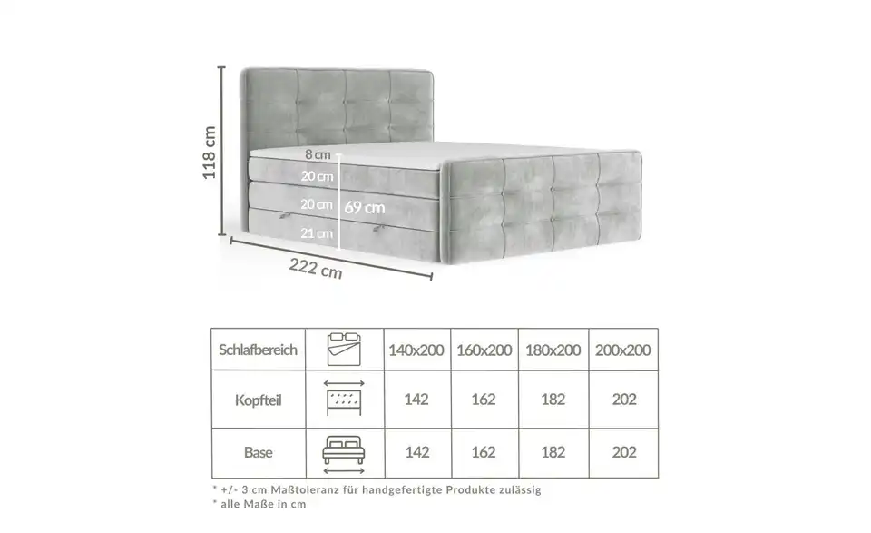 Boxspringbett mit Stauraum, Bemaßung