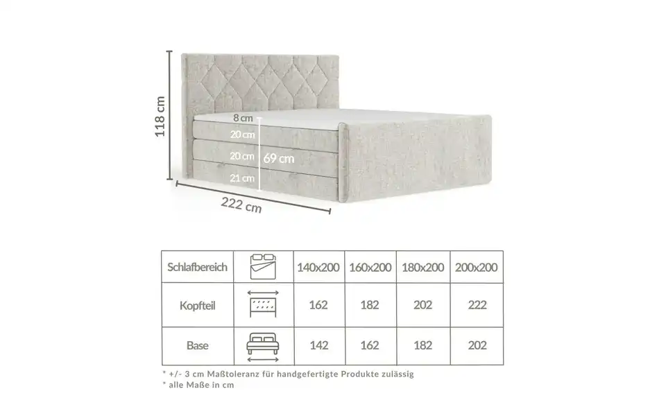 Boxspringbett mit Stauraum, Bemaßung