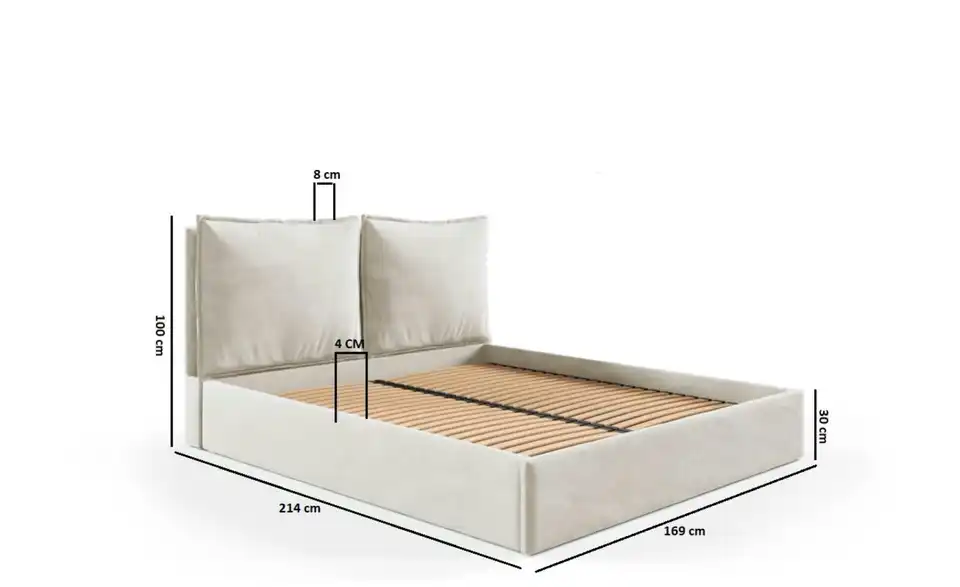 Polsterbett Glam mit Bettkasten, Bemaßung