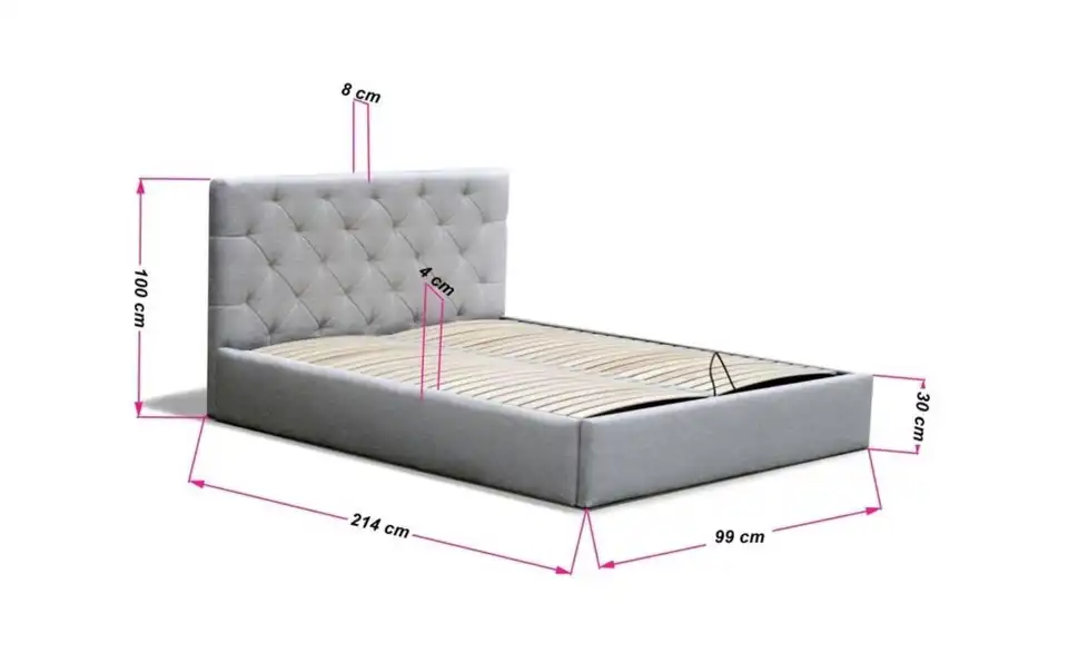 Polsterbett Sara mit Bettkasten, Bemaßung