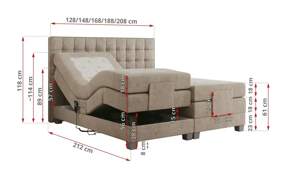 Motor Boxspringbett Elektro mit Bettkasten, Bemaßung